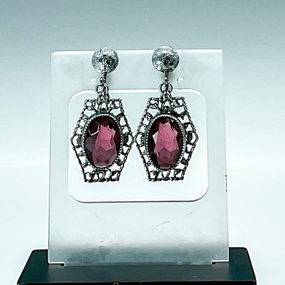 Vintage Purple Gemstone Earrings, Silver Tone Filigree Design, Screw Back - Picture 1 of 3